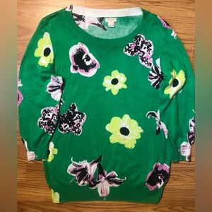 J. Crew Lightweight Cotton Knit Sweater L Green Floral Print Pullover